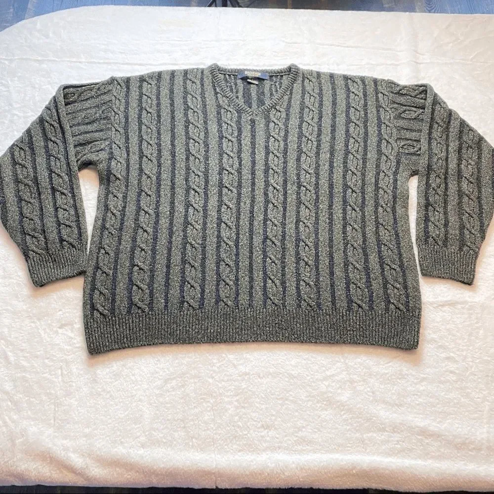 Bachrach Mens Cable Knit Sweater Large Brown V Neck Long Sleeve Pullover